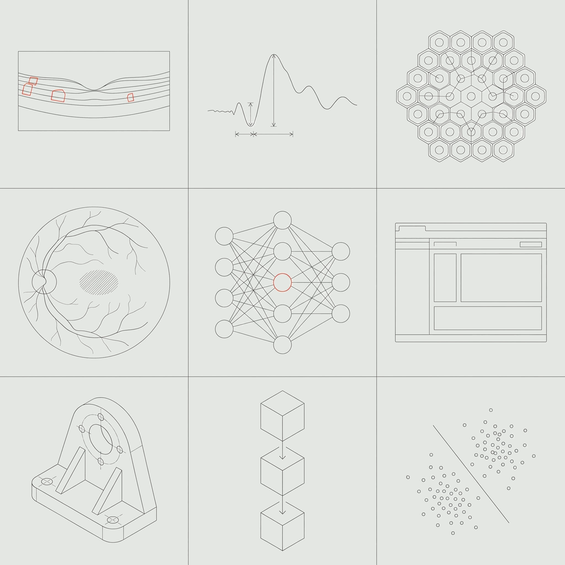 Nine panels of the work: a schematic OCT cross-section of the retina, an electroretinogram trace, a cone mosaic, a fundus diagram, a multilayer perceptron, an interface wireframe, a machined bracket, a deployment pipeline and a classifier boundary
